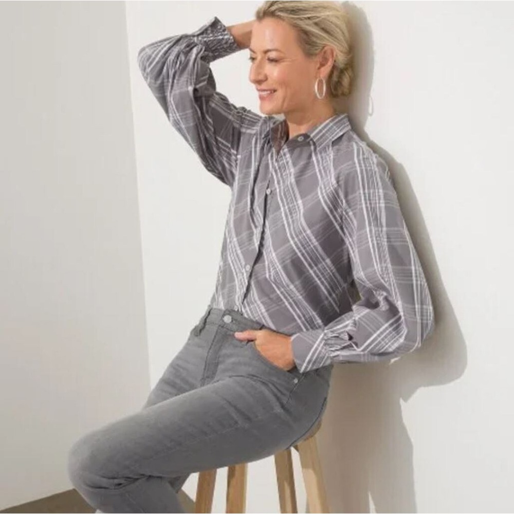 Chico's Grey Check Stretch Button Up Shirt Balloon Sleeve Womens 0 US 4 NEW